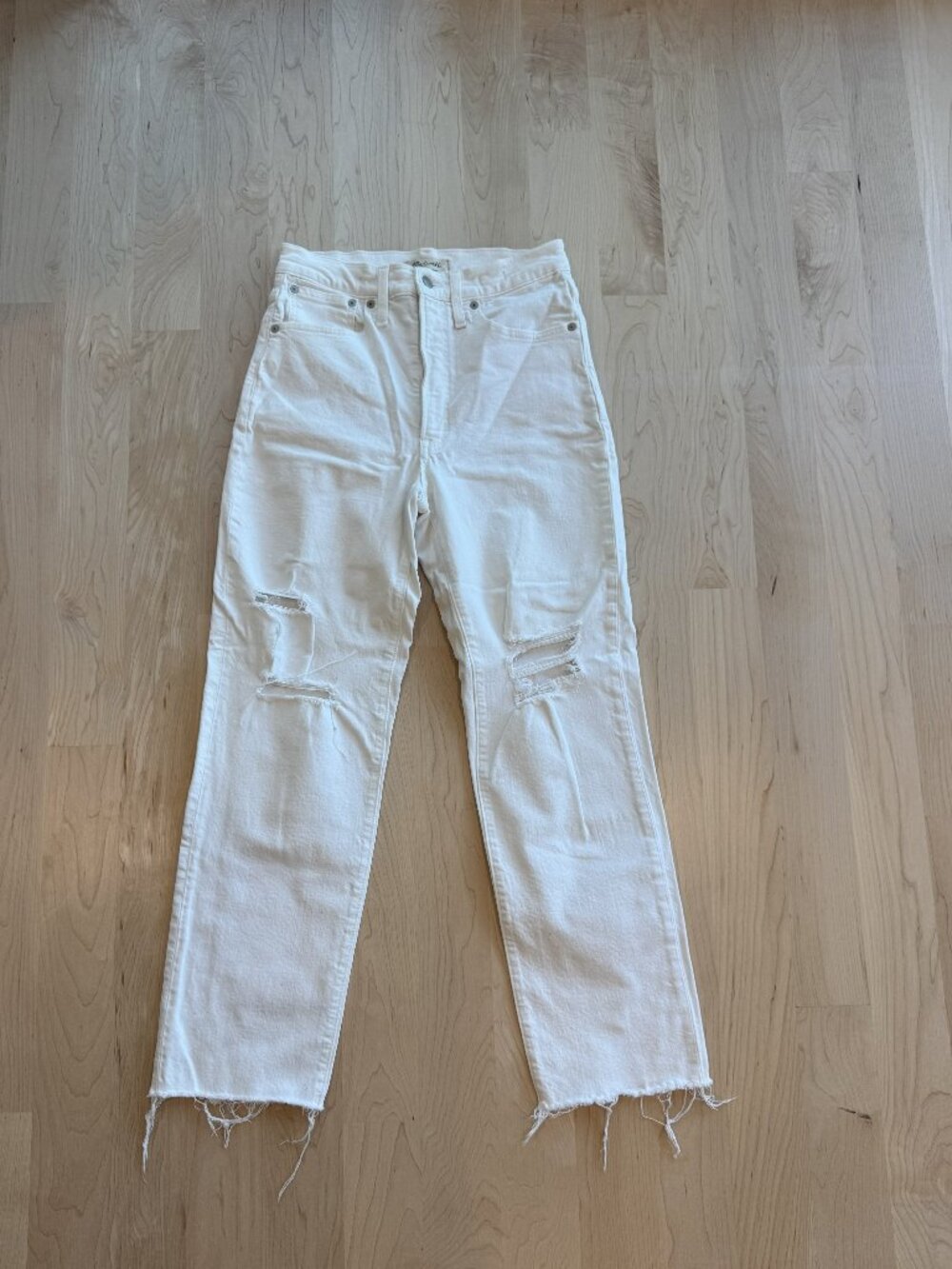 Madewell The Perfect Vintage Straight Jean White Distressed Raw Hem